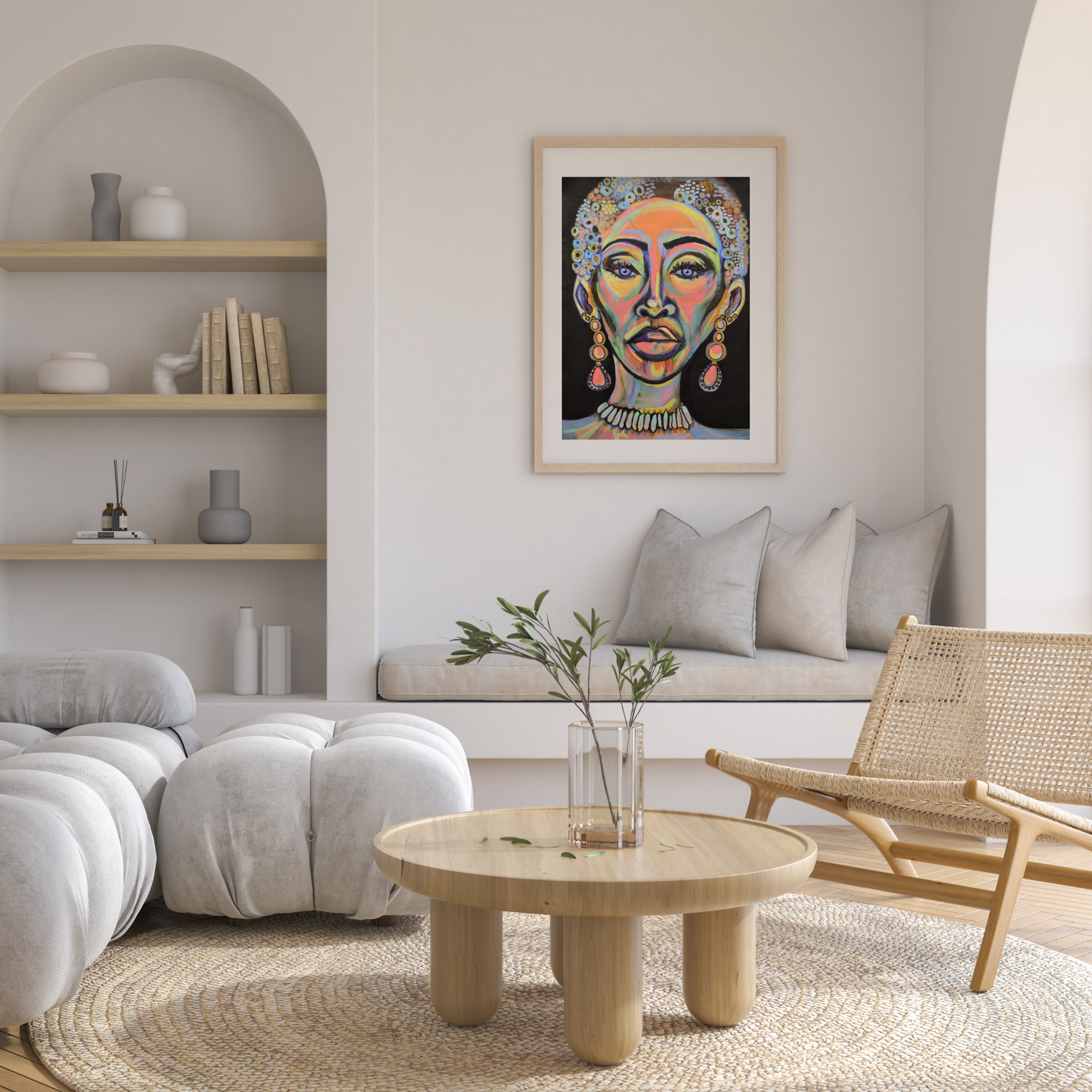 Adorned in a light wood frame, this captivating painting of a radiant woman against a bold black backdrop, showcasing vibrant baby pink and blue hues, adds a touch of ethereal charm to a cozy modern living room. With its expressive details and intricate patterns, this artwork stands as a striking centerpiece