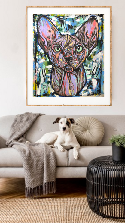  "Sphynx Cat Portrait: 82x72cm Acrylic on Canvas, Featuring Bold Black Strokes, Light Purple & Powerful Blue Accents, Perfect for a Cozy Living Room Among Family Pets