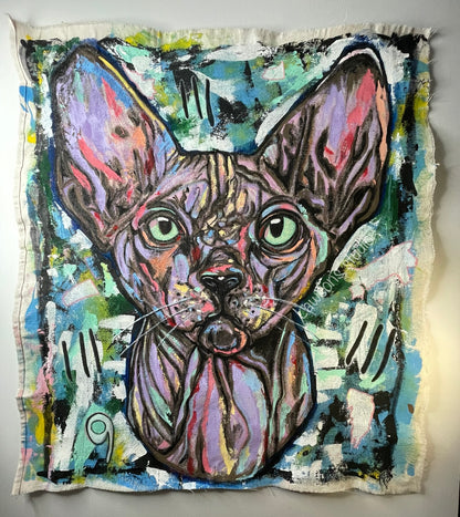 "Sphynx Cat Portrait: 82x72cm Acrylic on Canvas, Bold Black Strokes, Light Purple & Powerful Blue Accents