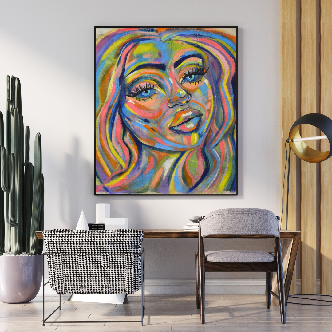 Experience 'Night Shine,' an original acrylic portrait on canvas, 82cm x 74cm, set against an industrial, sleek room adorned with black, gold, and dark wood accents. Its vibrant hues and captivating brushwork create a striking contrast, adding a mesmerizing allure to your space, effortlessly complementing the modern, sophisticated interior.