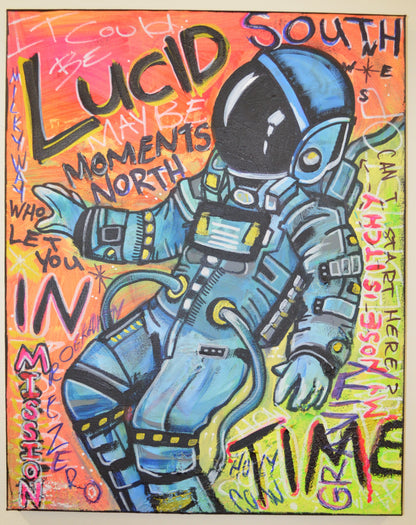 "Lucid" - Acrylic and marker on stretched canvas depicting an astronaut adrift in a vibrant, abstract inner cosmos. Dimensions: 40cm (H) x 30cm (L) x 1.5cm (D). The artwork captures the astronaut's introspective journey amidst a swirling backdrop of red, orange, yellow, and green hues, showcasing a blend of emotions and thoughts through a symphony of colors and fonts. A contemporary and thought-provoking piece offering a glimpse into the intersection of space exploration and the human psyche.