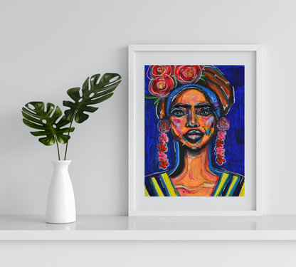 Elegant Eve framed in white, gracing a minimalistic room with simplicity and elegance. Against a pristine white backdrop, the artwork takes centre stage, accented by a simple pot plant for a touch of greenery. 