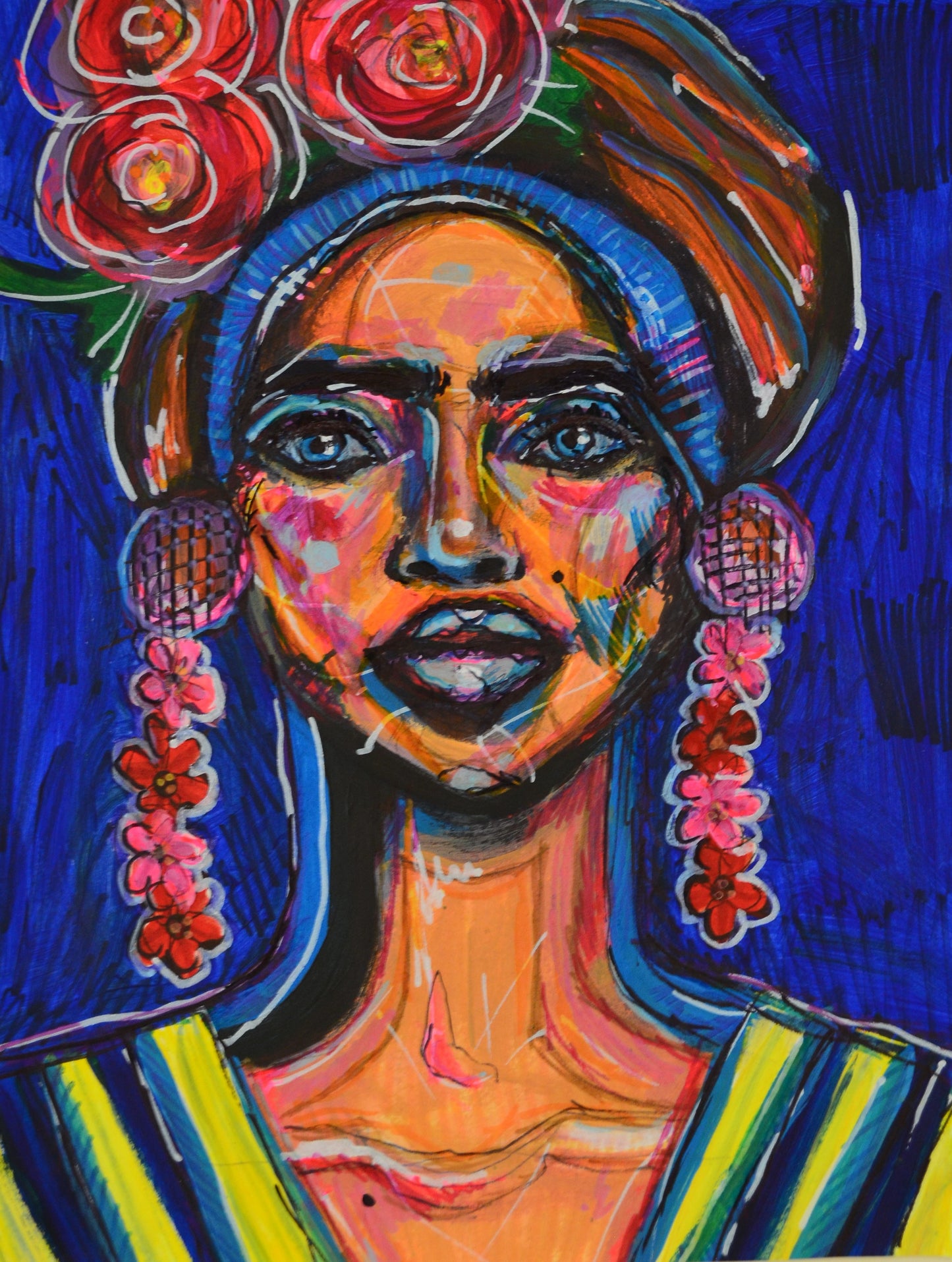 "Experience 'Elegant Eve,' a vibrant artwork filled with youthful pink, reds, and oranges blending harmoniously. Expressive lines convey passion and depth, complemented by radiant yellow and harmonizing blue. A youthful figure, adorned in a striped robe and headpiece, stands out against a blue backdrop. Emotion shines through her eyes, inviting viewers to interpret her story. This bold artwork, named 'Elegant Eve,' exudes confidence and elegance, designed to be a striking feature in any room."