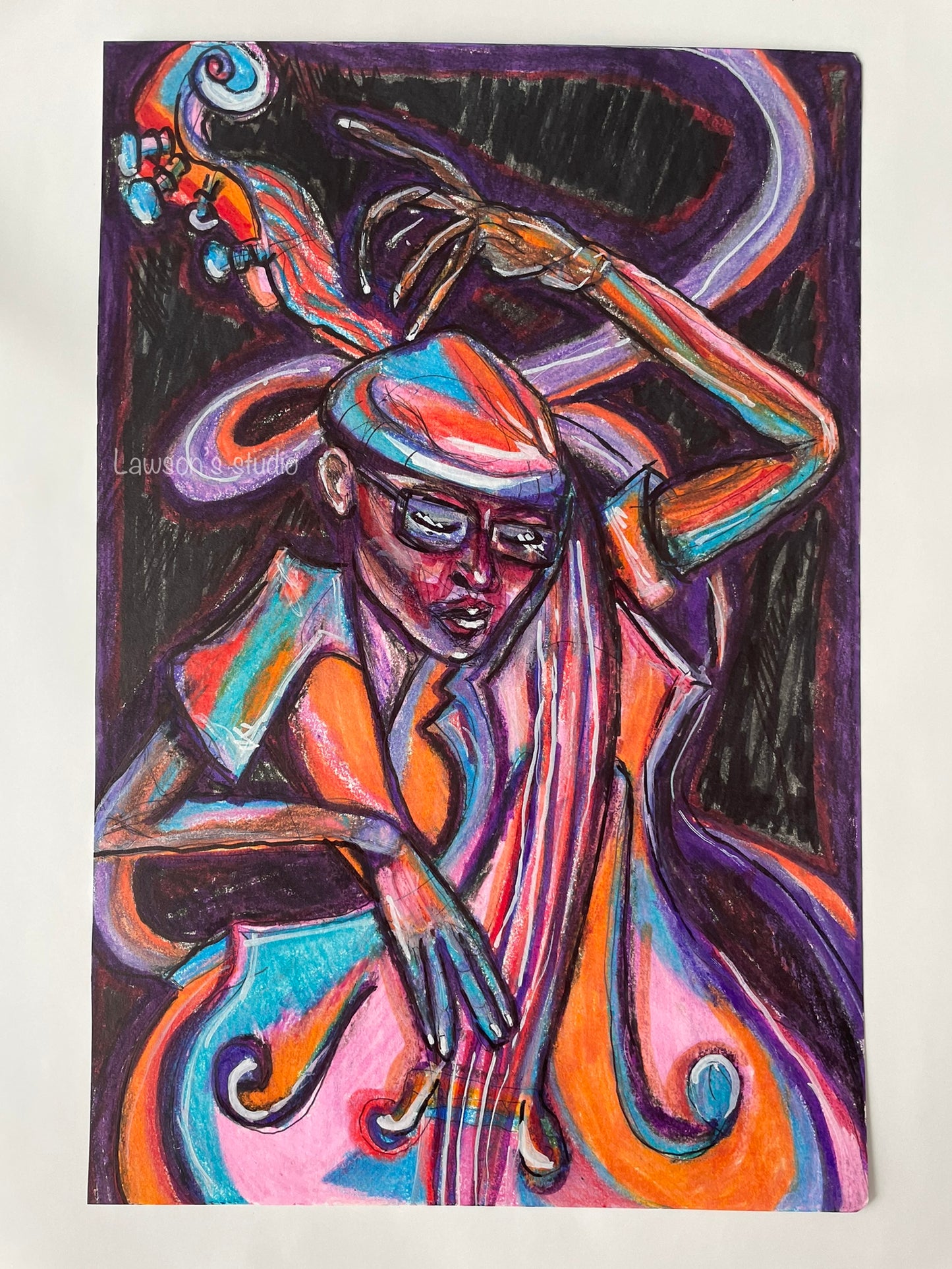 A vibrant, abstract contemporary artwork capturing the dynamic synergy between musician and instrument. With vivid zesty orange and sky blue hues, this piece utilizes oil pastels and markers to convey the enchanting movements of the double bass through flowing, ribbon-like strokes. Perfect for modern home décor aficionados seeking an infusion of musical energy and artistic vibrancy.