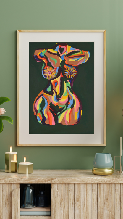  In an elegant room adorned with light mint green walls and lavish gold accents, the A3 acrylic painting shines as a captivating centerpiece. The vibrant figure draped in warm tones against an emerald green backdrop adds a vivid burst of color and artistic flair, perfectly complementing the room's sophisticated ambiance and opulent gold details.