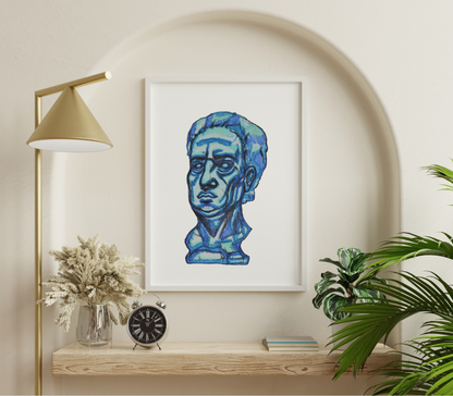 "Herb A3 Blue Sculpture Drawing: Framed in white, this vibrant marker on paper artwork features a striking blue male sculpture exuding strength and finesse. Ideal for modern trendy homes, it serves as a captivating focal point, adding artistic allure to any space