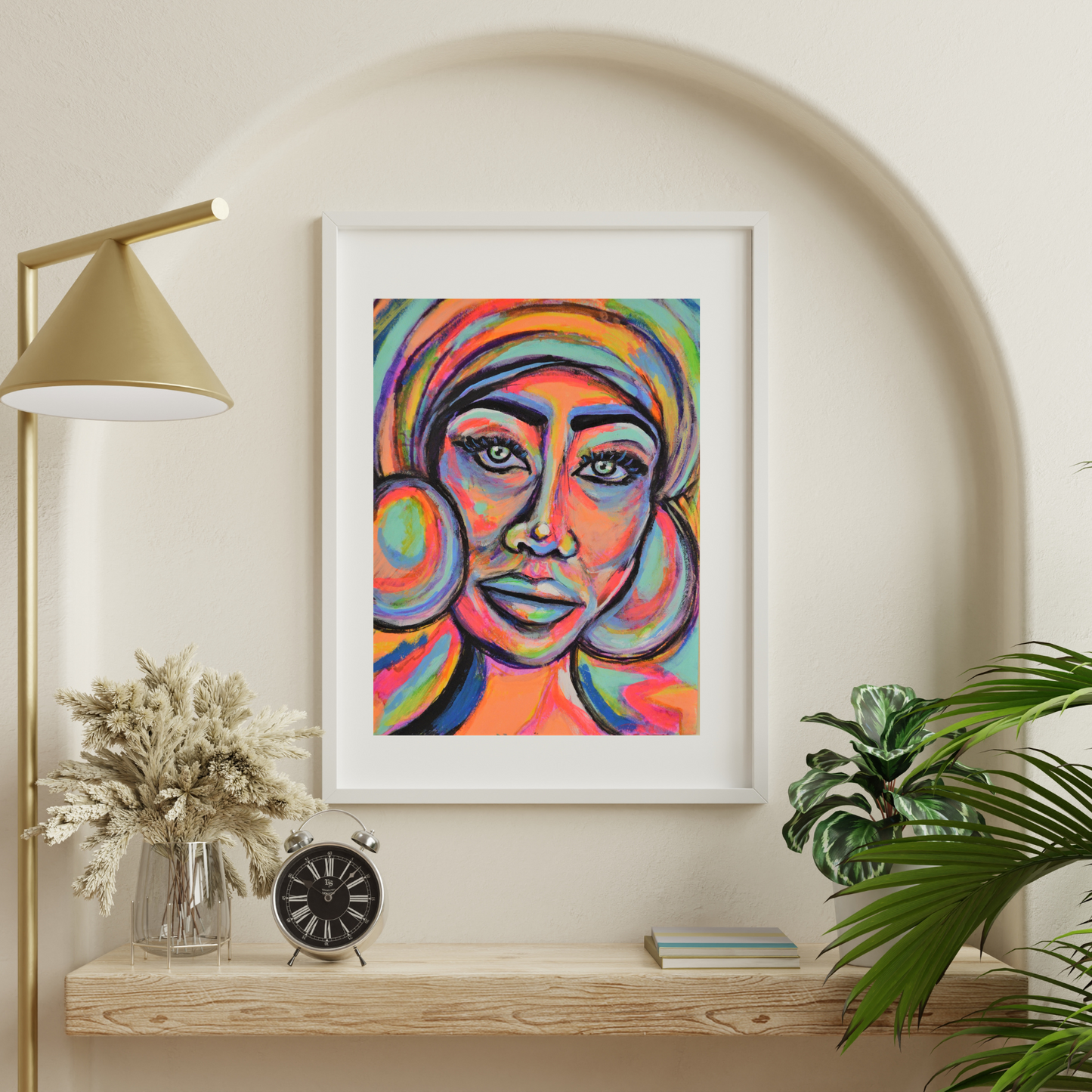 "In a modern-styled living space, this vibrant hand-painted acrylic artwork, framed in sleek white, becomes a captivating centerpiece, infusing the room with artistic energy and a burst of lively colors