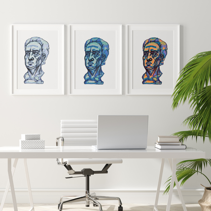 Herb A3 Blue Sculpture Drawing, alongside two high-resolution prints, forms a vibrant trio of framed artworks. Each piece boasts a distinct main color, adding a dynamic visual impact to the sophisticated and trendy office space. This collection of art transforms the office into a stylish gallery, combining unique hues and captivating forms that inspire creativity and sophistication in the workspace