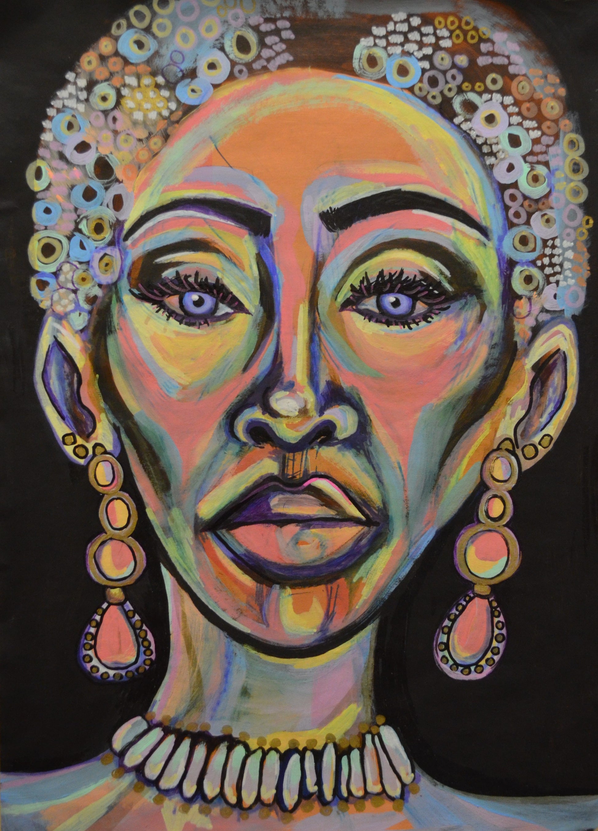 this radiant painting features a woman adorned with exquisite jewelry and textured hair against a bold black backdrop, showcasing a captivating interplay of baby pink and blue hues. With expressive eyes and intricate patterns, this artwork serves as a striking centerpiece, elevating home decor with artistic finesse and timeless elegance