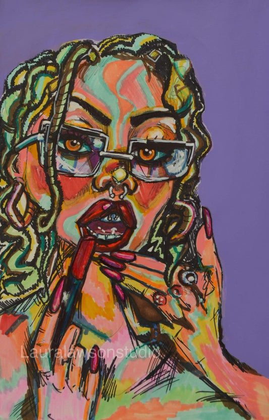 Trendy modern abstract art featuring a stylish woman re-applying lipstick against a solid purple background. Bold colors and dynamic hair textures create a vibrant, urban feel. Ideal for contemporary spaces looking to make a statement