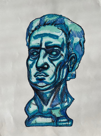  Herb A3 Blue Sculpture Drawing: Ideal for Modern Industrial Décor. A vibrant marker on paper artwork depicting a striking blue male sculpture exuding strength and finesse. Ideal for modern industrial décor, this piece serves as a captivating focal point, adding artistic allure to any space