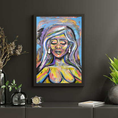 Gaze Upon': A mesmerizing 70cm x 50cm hand-painted artwork on large paper, artistically framed in sleek black to match modern, stylish interiors. Soft pastel hues merge gracefully, showcasing empowered women radiating confidence, subtly accented with shimmering silver touches. Crafted with premium acrylic paint and markers, this piece effortlessly elevates the sophistication of any space