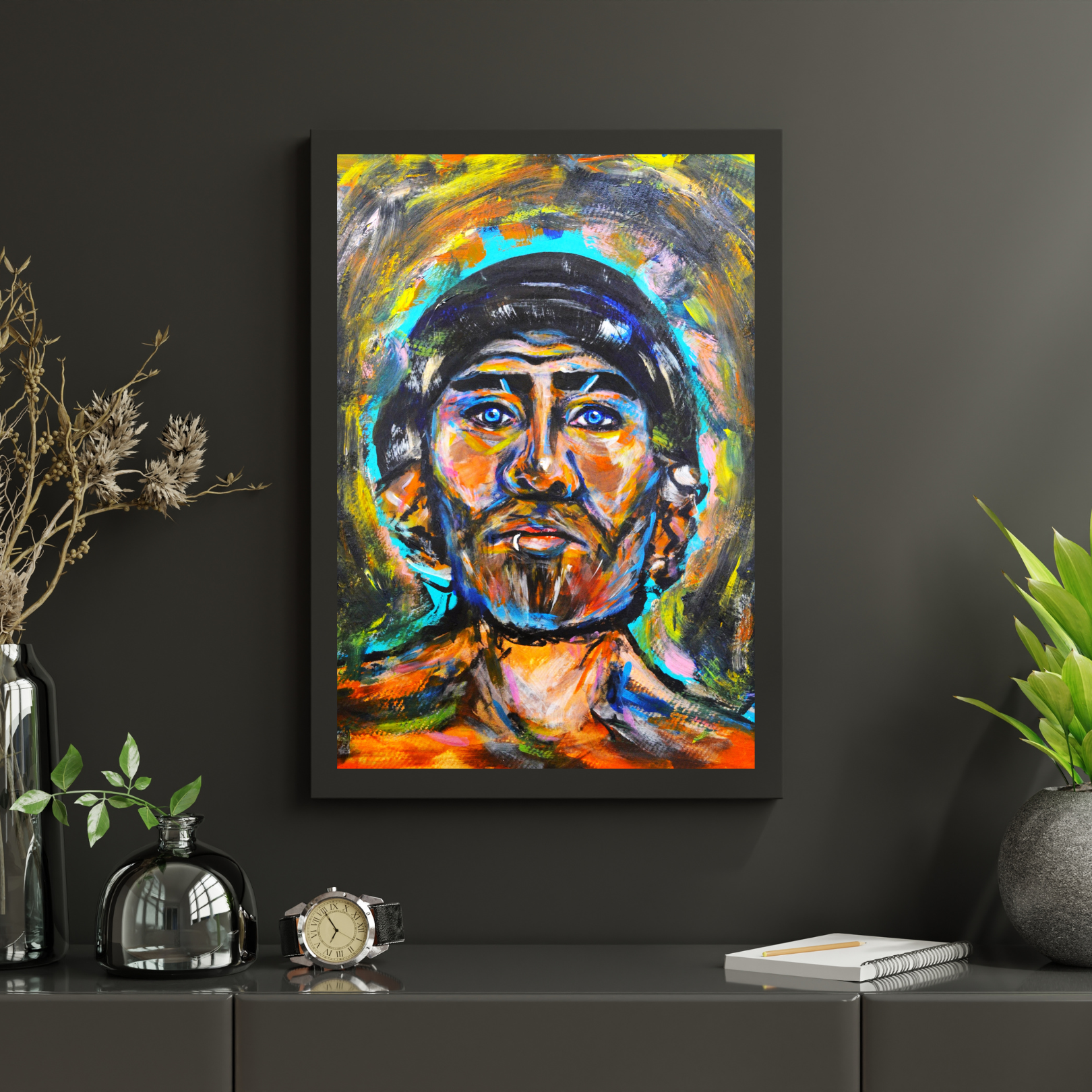 "Brother Joseph," an expressive A3 acrylic street portrait, showcases a shirtless figure amid vibrant aqua, blue, orange, yellow, and pink tones. Encased in a luxurious dark frame, this artwork adds a sophisticated urban touch to opulent, richly decorated rooms, enhancing the luxurious ambiance with its striking presence.