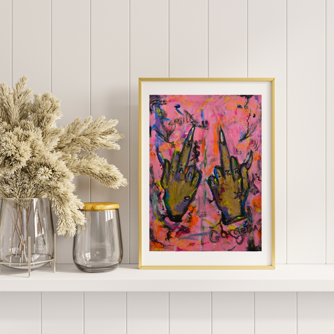 acrylic pink painting street style art home decor framed in light oak in a light spacy area