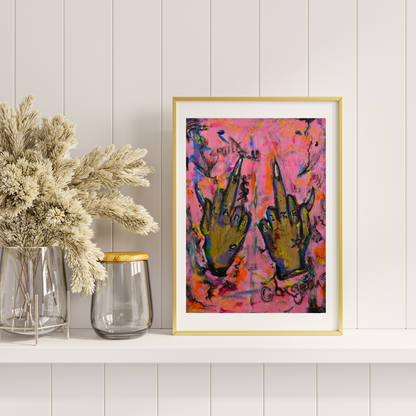 acrylic pink painting street style art home decor framed in light oak in a light spacy area