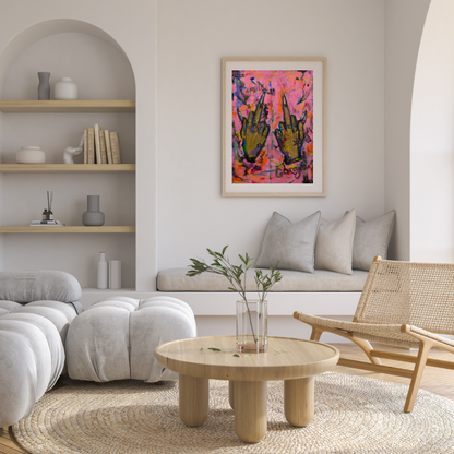 lady like pink acrylic artwork displayed in beautiful modern living room