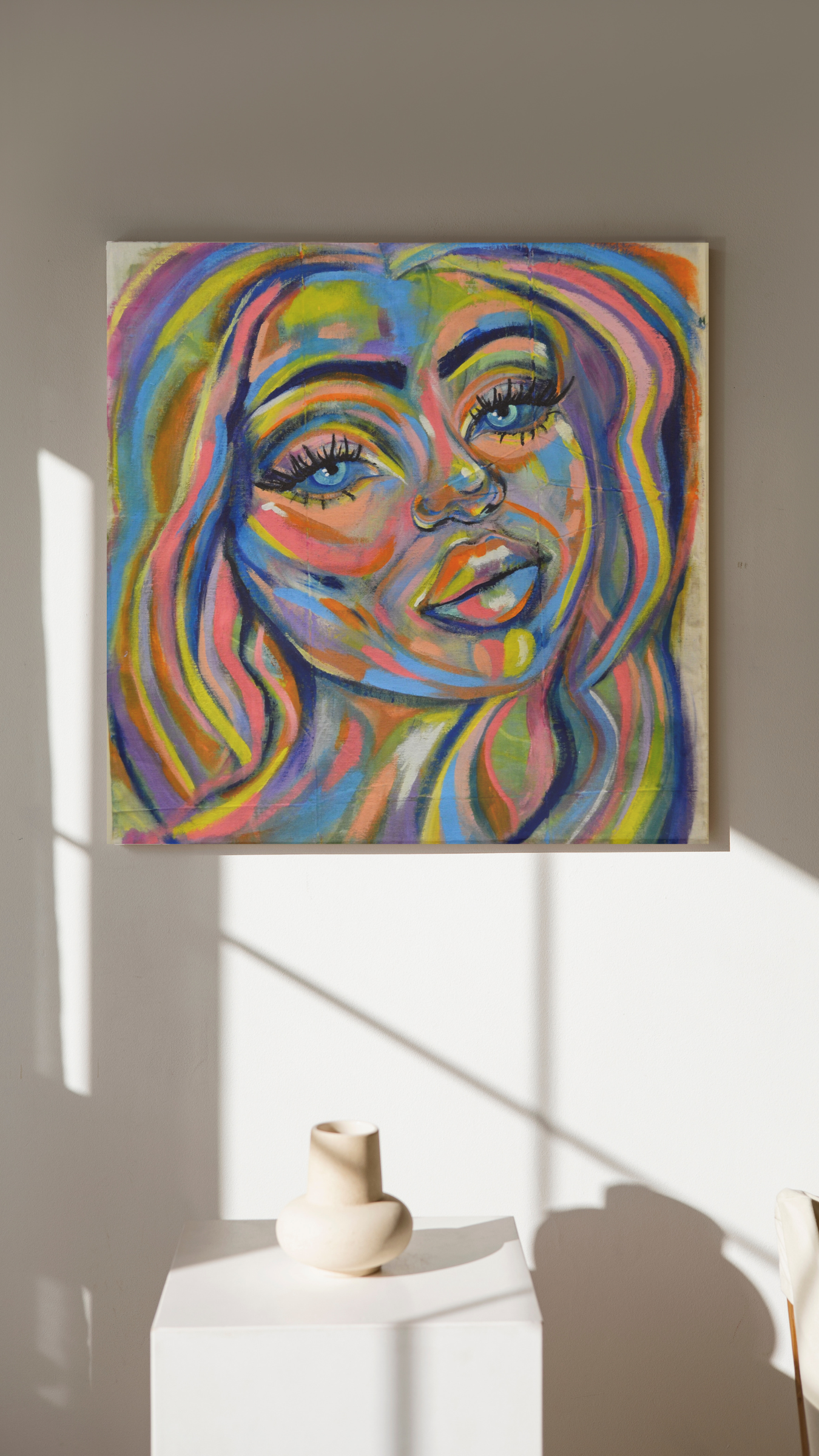 Admire 'Night Shine,' an original acrylic portrait on canvas, 82cm x 74cm, displayed in an airy, spacious room suffused with soft natural light and cream tones. Vibrant hues and captivating brushwork invite intrigue, making it a mesmerizing addition that effortlessly elevates your space with timeless allure and vibrant energy