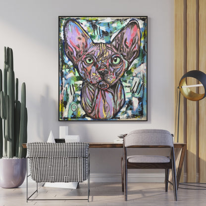 Sphynx Cat Portrait: 82x72cm Acrylic on Canvas, Enhanced with Bold Black Strokes, Light Purple & Powerful Blue Accents, Ideal for a Home Embracing Light Grey Tones and Cactus-inspired Decor