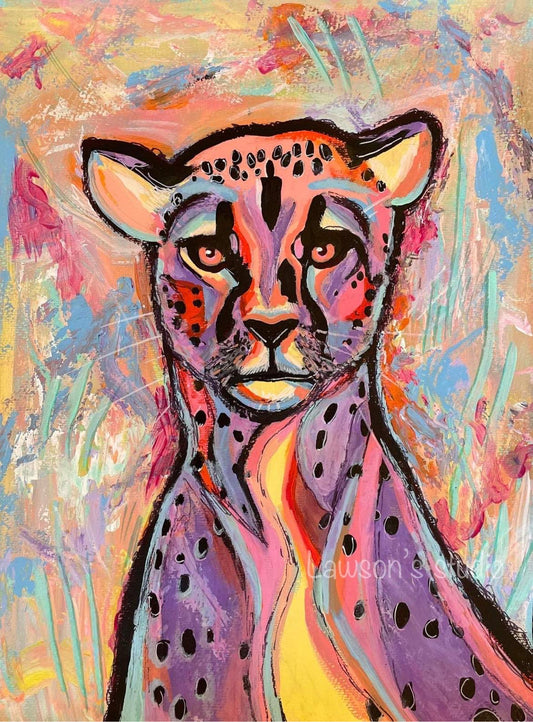 "Experience the vibrant allure of 'Stay': an A3 painting bursting with lively colors and intricate black detailing, featuring a poised leopard against a serene, milky background. This artwork embodies the playful yet contemplative essence of life's vivid contrasts, inviting you into a world of vibrant imagination."